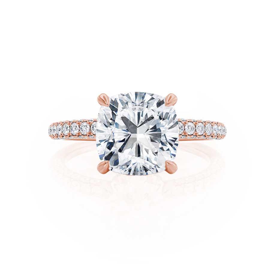 FREESIA - Cushion Cut Lab Diamond 18k Rose Gold Petite Hidden Halo Triple Pavé