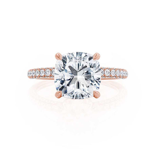 FREESIA - Cushion Cut Lab Diamond 18k Rose Gold Petite Hidden Halo Triple Pavé