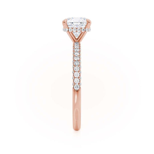 FREESIA - Cushion Cut Lab Diamond 18k Rose Gold Petite Hidden Halo Triple Pavé