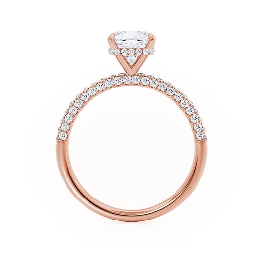 FREESIA - Cushion Cut Lab Diamond 18k Rose Gold Petite Hidden Halo Triple Pavé
