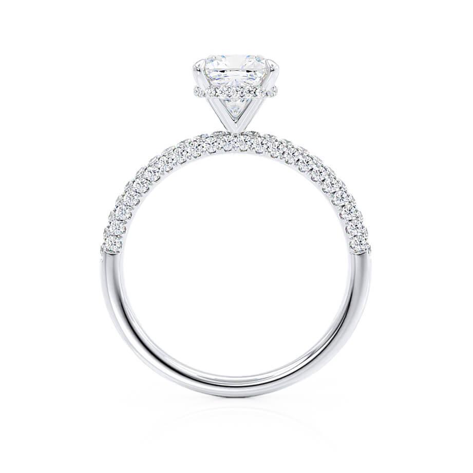 FREESIA - Cushion Cut Lab Diamond 18k White Gold Petite Hidden Halo Triple Pavé
