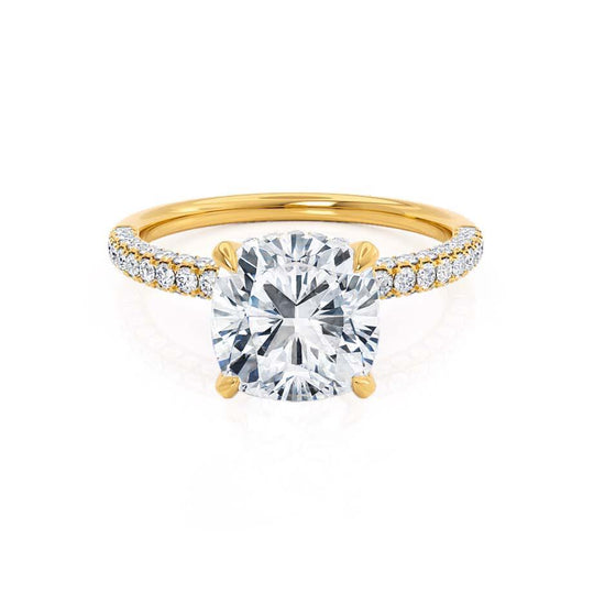 FREESIA- Cushion Cut Lab Diamond 18k Yellow Gold Petite Hidden Halo Triple Pavé