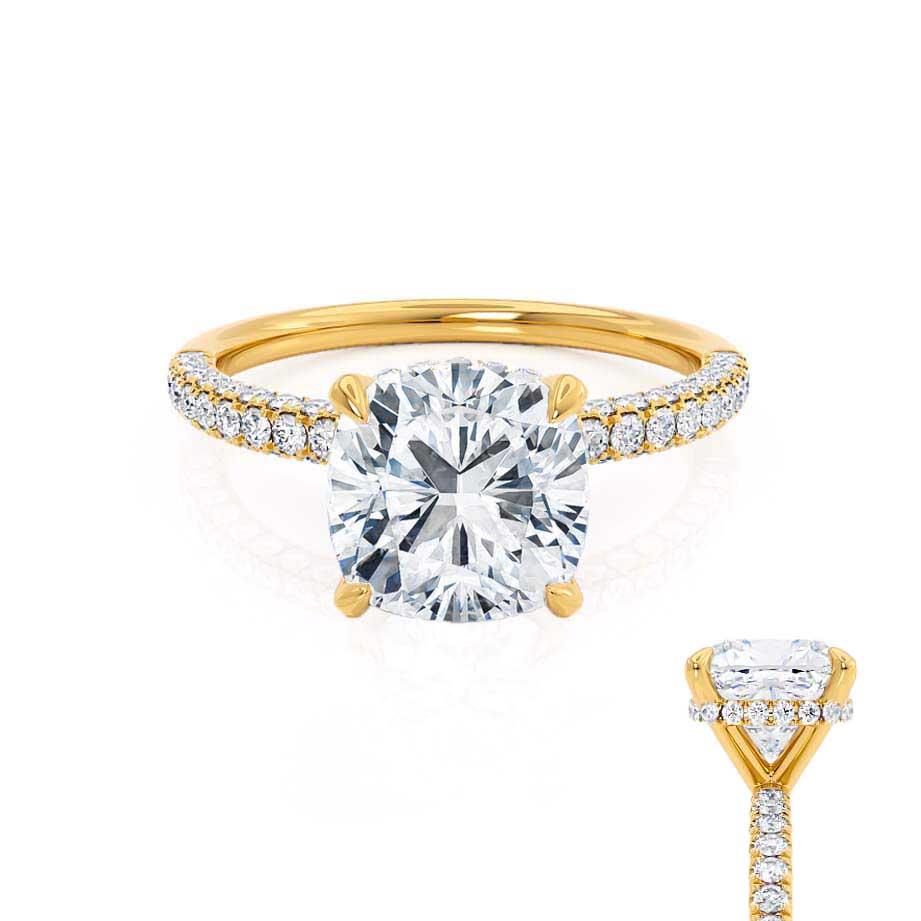 FREESIA- Cushion Cut Lab Diamond 18k Yellow Gold Petite Hidden Halo Triple Pavé