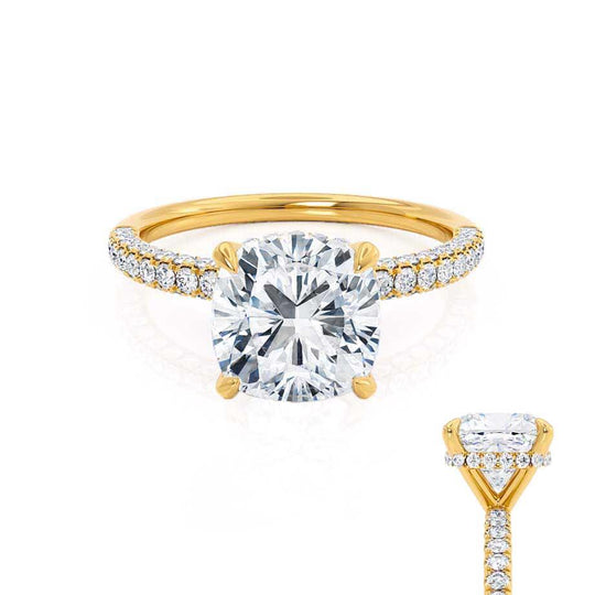 FREESIA- Cushion Cut Lab Diamond 18k Yellow Gold Petite Hidden Halo Triple Pavé