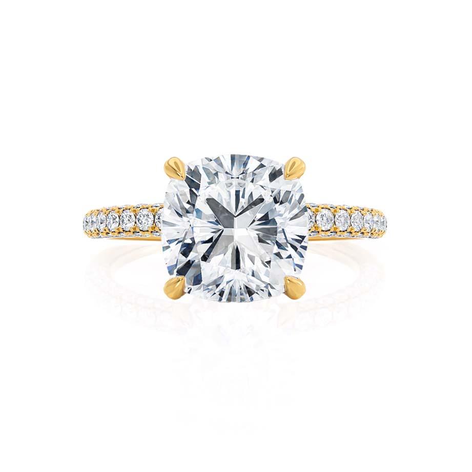 FREESIA- Cushion Cut Lab Diamond 18k Yellow Gold Petite Hidden Halo Triple Pavé