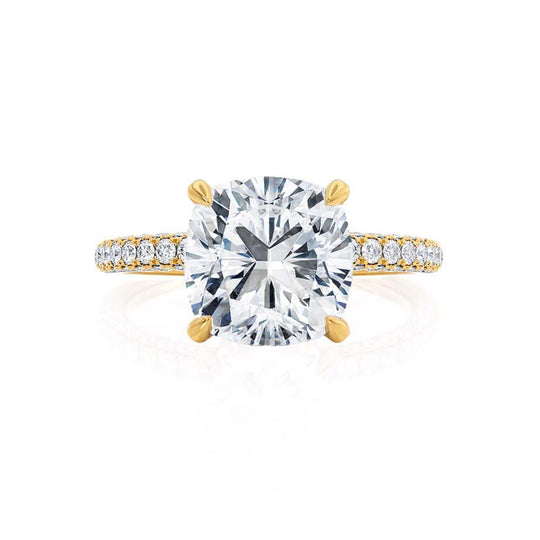 FREESIA- Cushion Cut Lab Diamond 18k Yellow Gold Petite Hidden Halo Triple Pavé