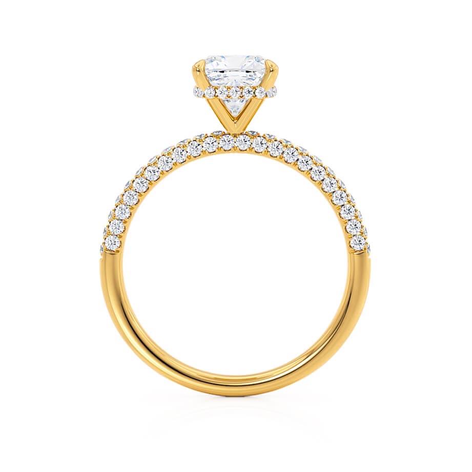 FREESIA- Cushion Cut Lab Diamond 18k Yellow Gold Petite Hidden Halo Triple Pavé
