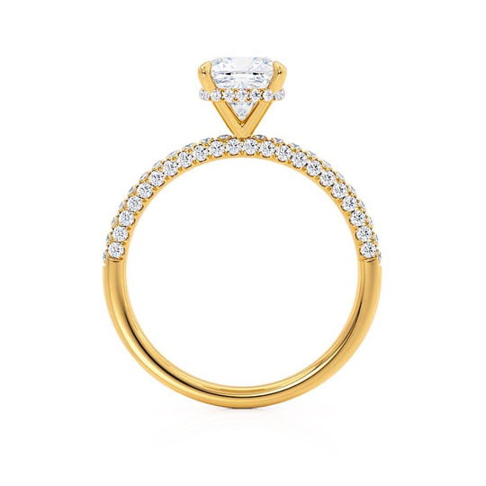 FREESIA- Cushion Cut Lab Diamond 18k Yellow Gold Petite Hidden Halo Triple Pavé