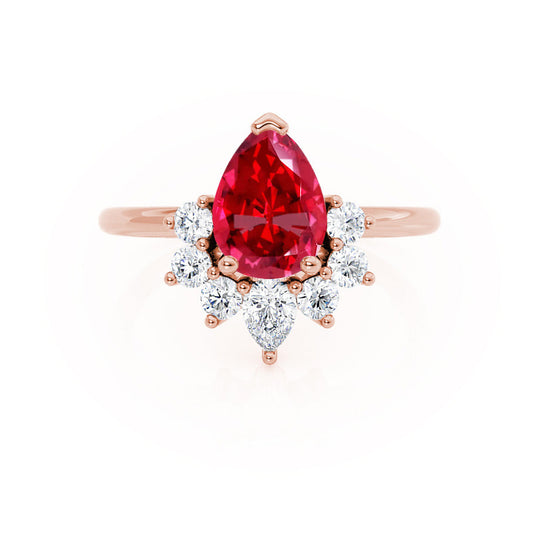 HIBISCUS – Pear-Cut Lab-Grown Ruby & Diamond Tiara Half Halo Ring in 18k Rose Gold