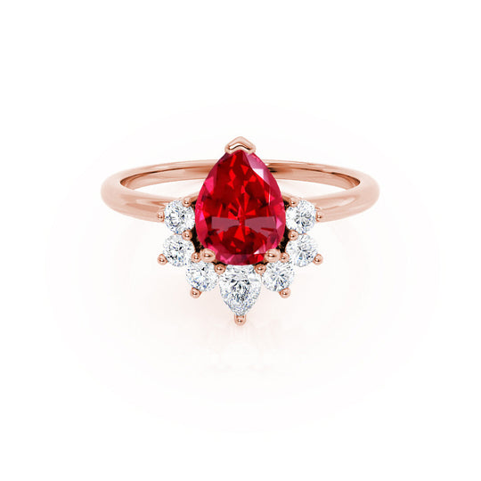 HIBISCUS – Pear-Cut Lab-Grown Ruby & Diamond Tiara Half Halo Ring in 18k Rose Gold