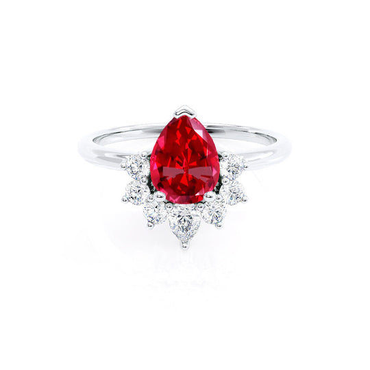 HIBISCUS – Pear-Cut Lab-Grown Ruby & Diamond Tiara Half Halo Ring in 18k White Gold