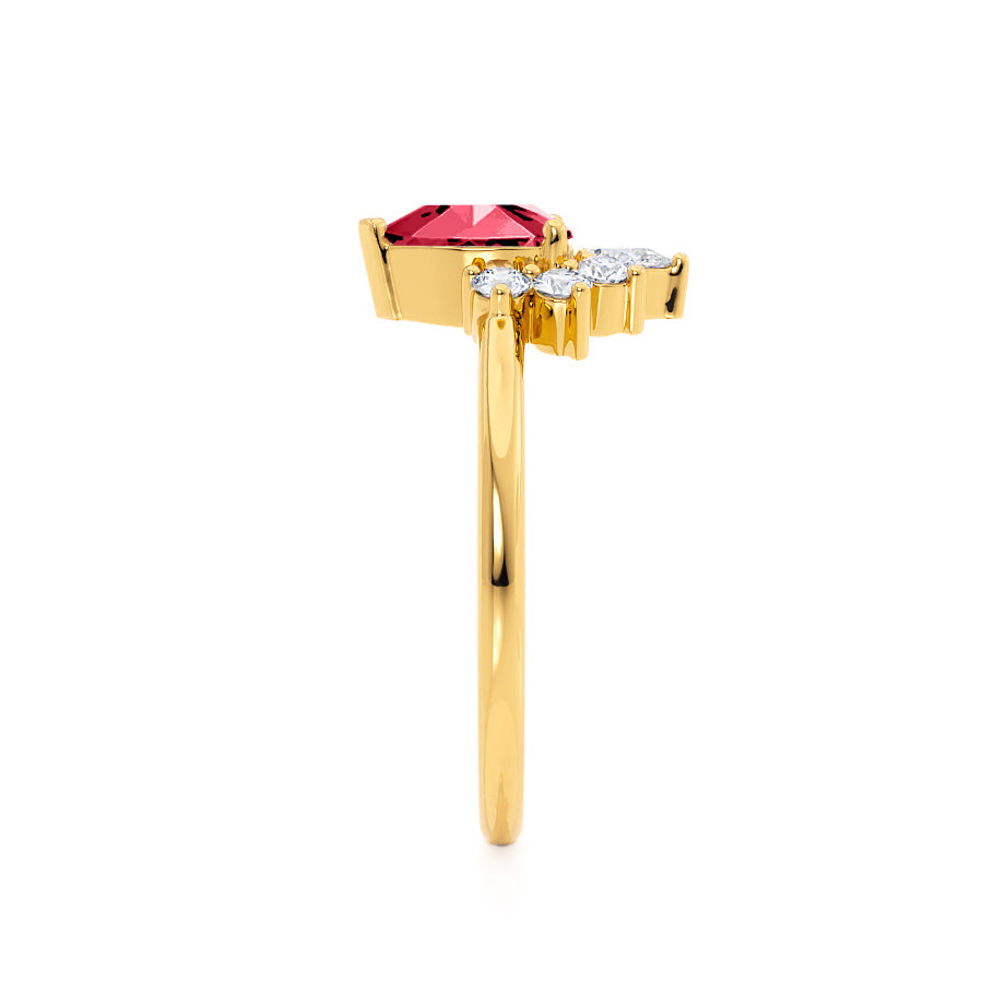 HIBISCUS – Pear-Cut Lab-Grown Ruby & Diamond Tiara Half Halo Ring in 18k Yellow Gold