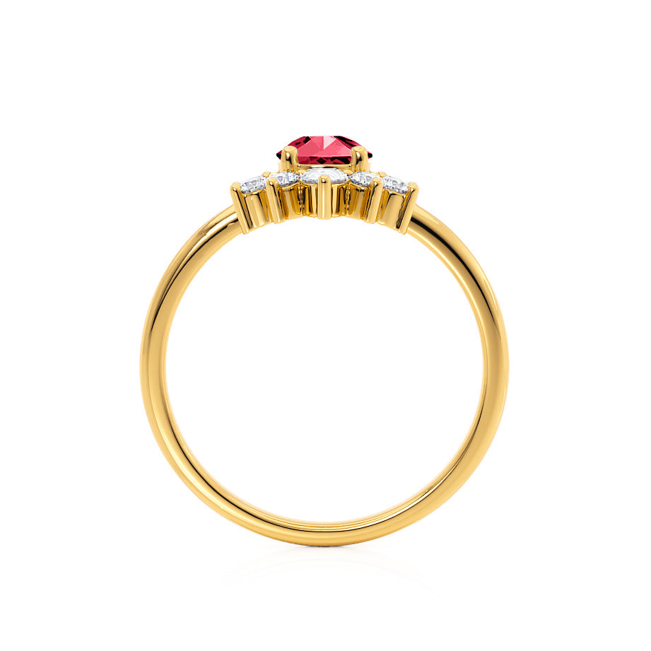 HIBISCUS – Pear-Cut Lab-Grown Ruby & Diamond Tiara Half Halo Ring in 18k Yellow Gold