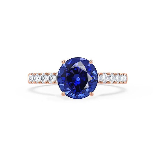 HYDRANGEA – Round Lab-Grown Blue Sapphire & Diamond Shoulder Set Ring in 18k Rose Gold