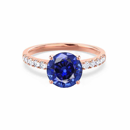 HYDRANGEA – Round Lab-Grown Blue Sapphire & Diamond Shoulder Set Ring in 18k Rose Gold