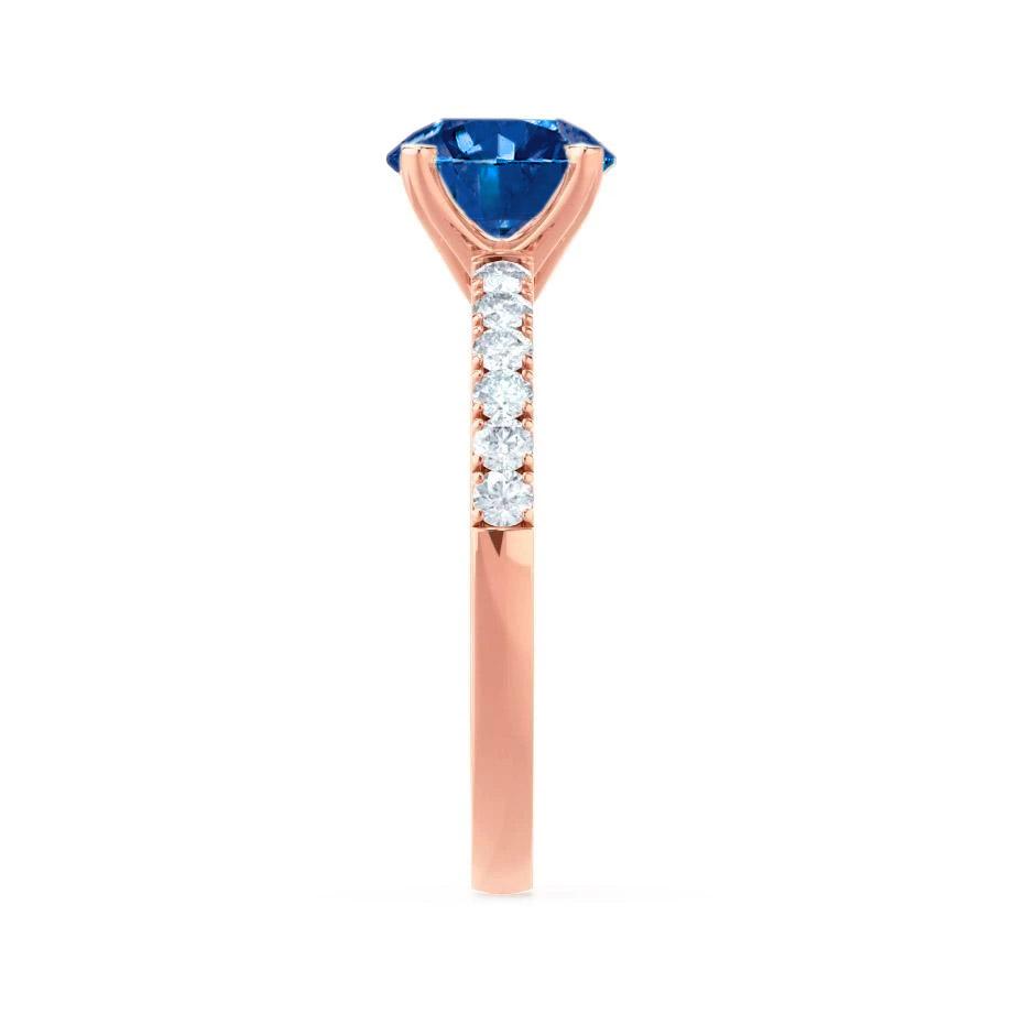 HYDRANGEA – Round Lab-Grown Blue Sapphire & Diamond Shoulder Set Ring in 18k Rose Gold