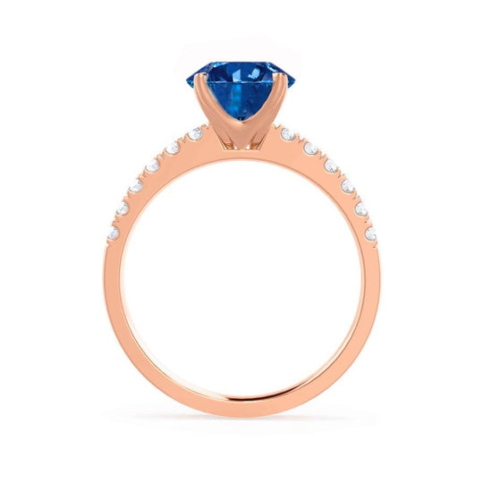 HYDRANGEA – Round Lab-Grown Blue Sapphire & Diamond Shoulder Set Ring in 18k Rose Gold