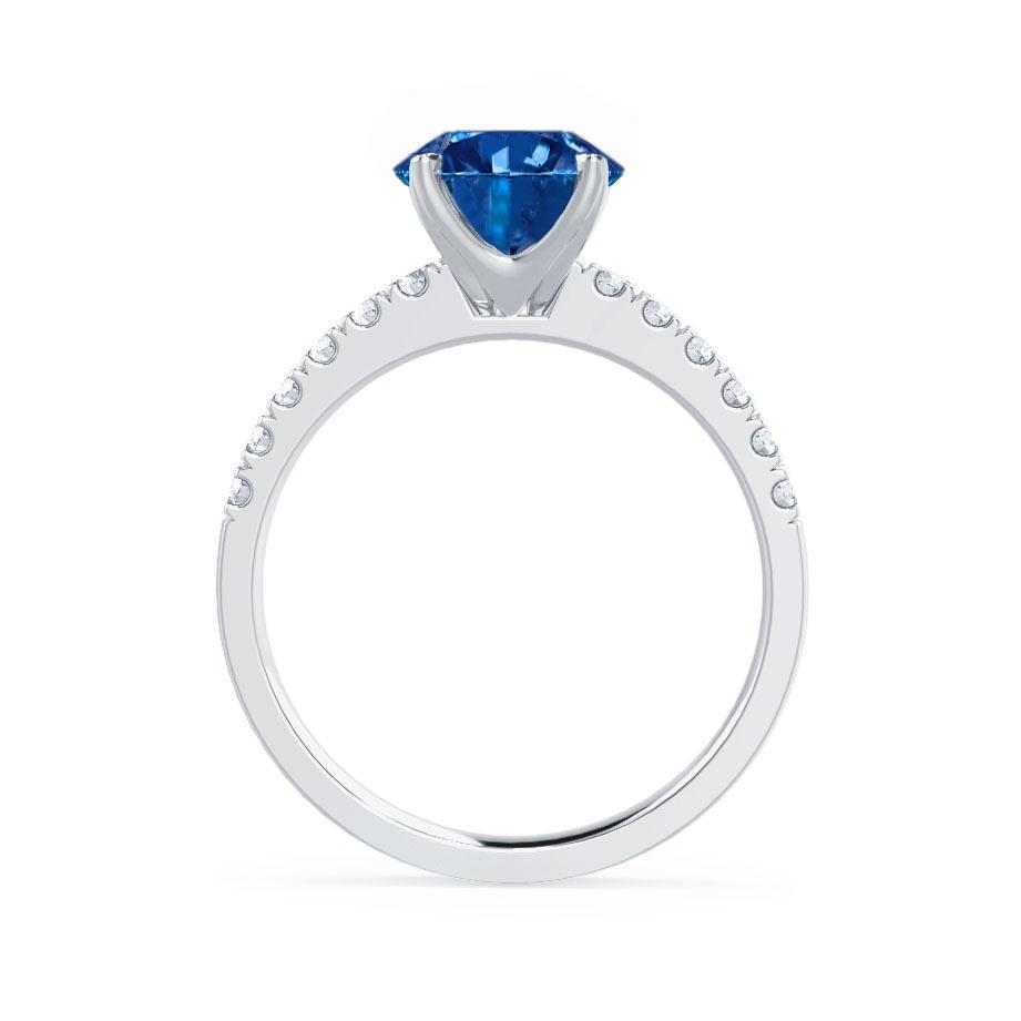 HYDRANGEA – Round Lab-Grown Blue Sapphire & Diamond Shoulder Set Ring in 18k White Gold