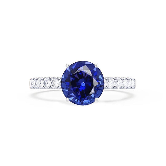HYDRANGEA – Round Lab-Grown Blue Sapphire & Diamond Shoulder Set Ring in 18k White Gold
