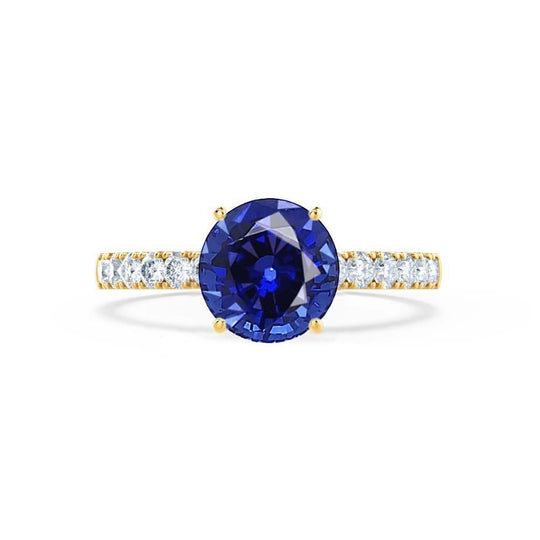HYDRANGEA – Round Lab-Grown Blue Sapphire & Diamond Shoulder Set Ring in 18k Yellow Gold