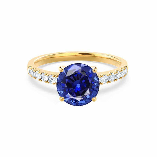 HYDRANGEA – Round Lab-Grown Blue Sapphire & Diamond Shoulder Set Ring in 18k Yellow Gold