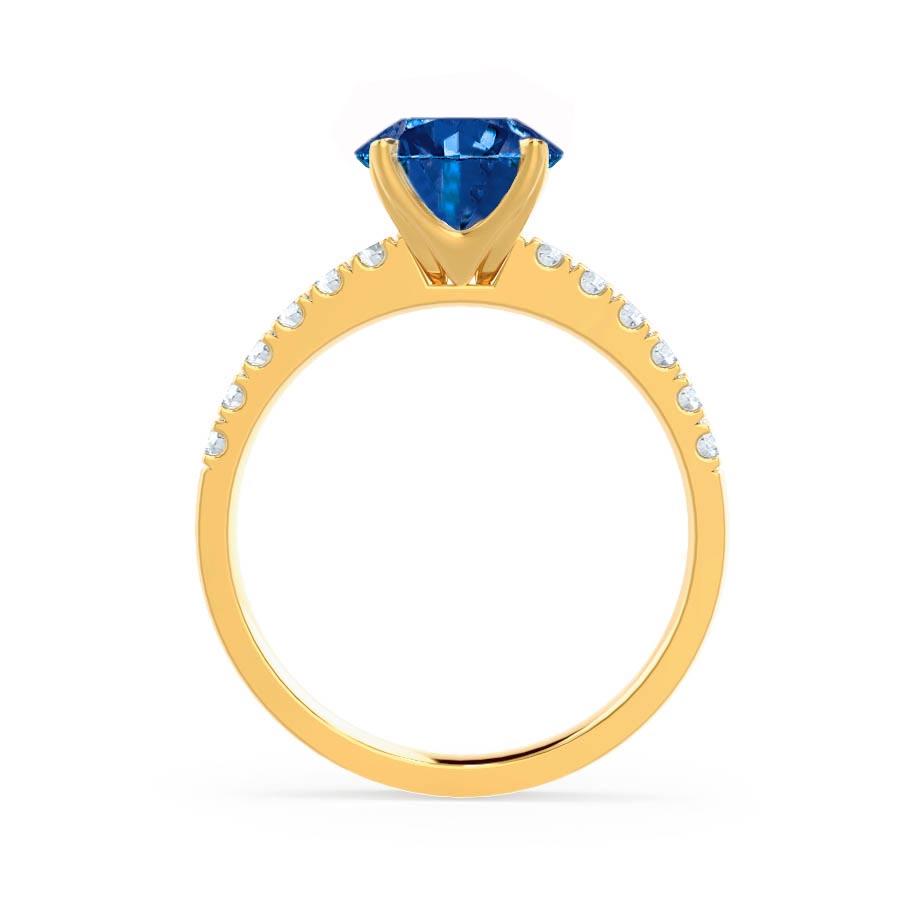 HYDRANGEA – Round Lab-Grown Blue Sapphire & Diamond Shoulder Set Ring in 18k Yellow Gold
