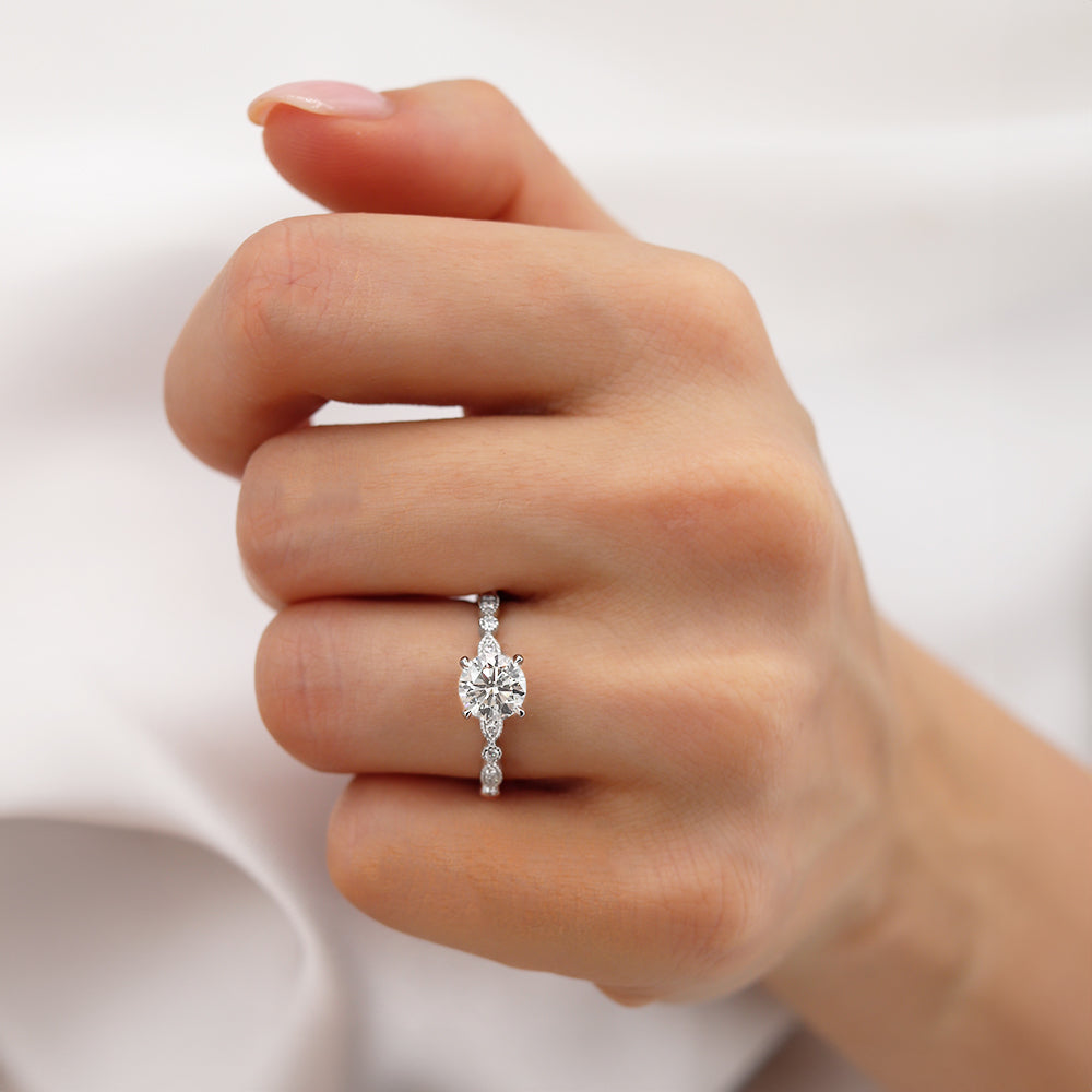 IRIS - Round Natural Diamond 18k White Gold Shoulder Set Ring