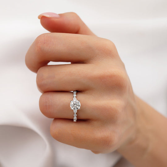 IRIS - Round Natural Diamond 18k White Gold Shoulder Set Ring