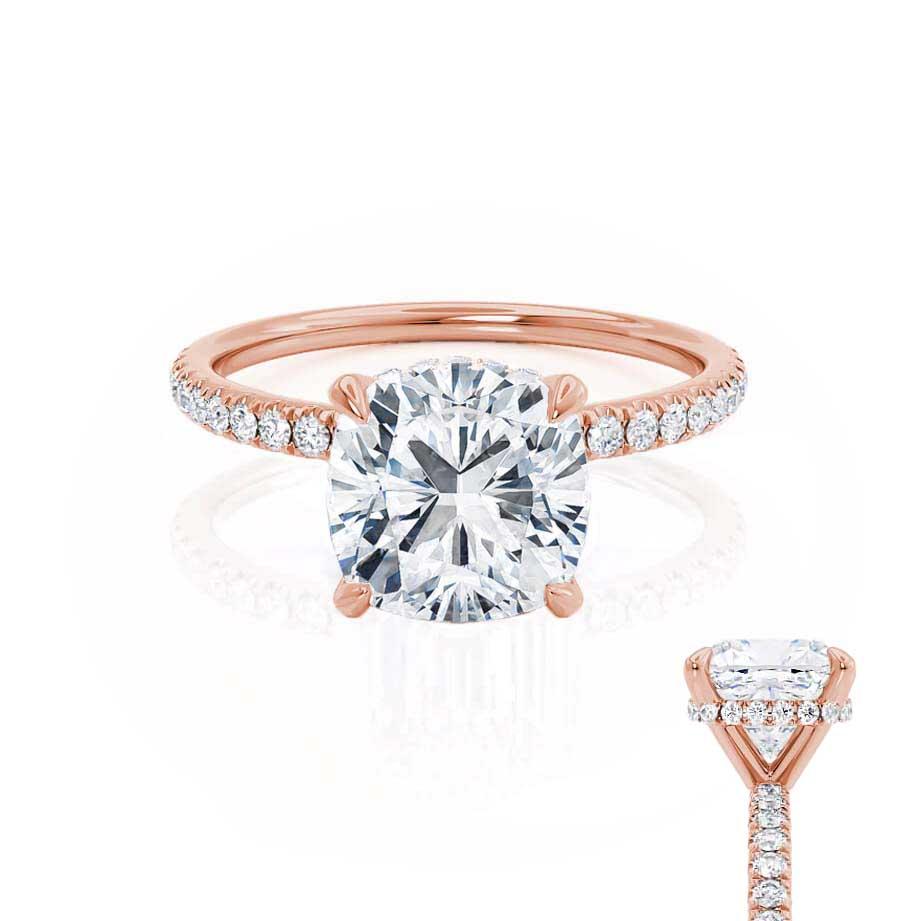 JASMINE - Cushion Natural Diamond 18k Rose Gold Petite Hidden Halo Pavé Shoulder Set