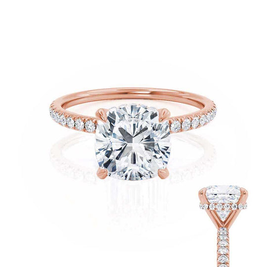 JASMINE - Cushion Natural Diamond 18k Rose Gold Petite Hidden Halo Pavé Shoulder Set