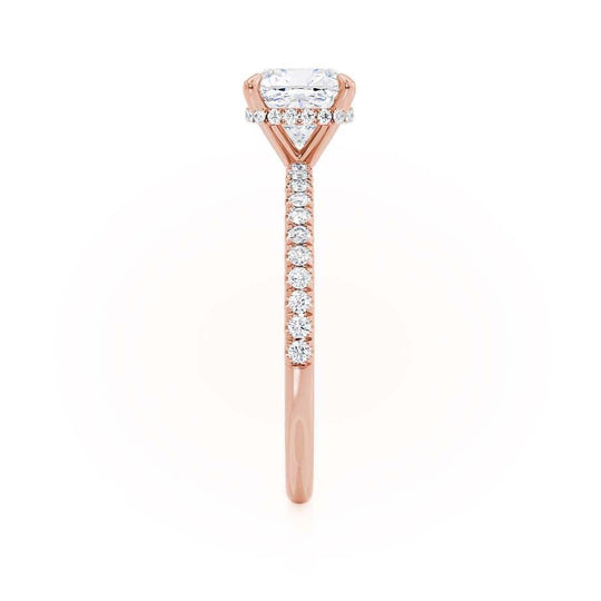 JASMINE - Cushion Natural Diamond 18k Rose Gold Petite Hidden Halo Pavé Shoulder Set