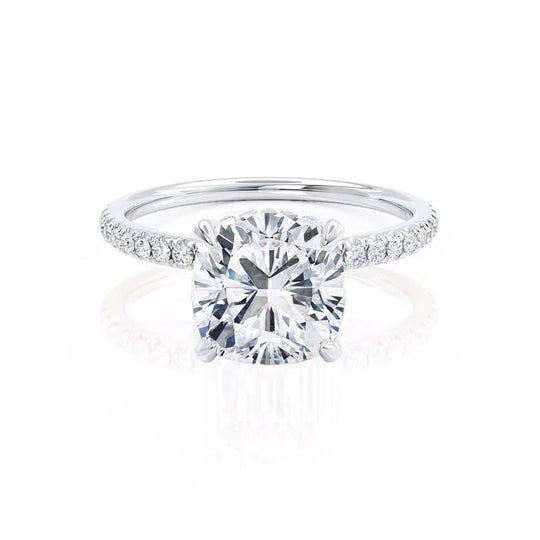 JASMINE - Cushion Natural Diamond 18k White Gold Petite Hidden Halo Pavé Shoulder Set