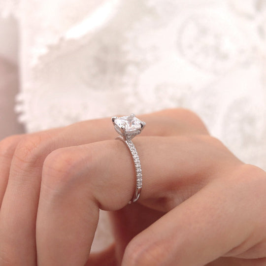 JASMINE - Cushion Natural Diamond 18k White Gold Petite Hidden Halo Pavé Shoulder Set