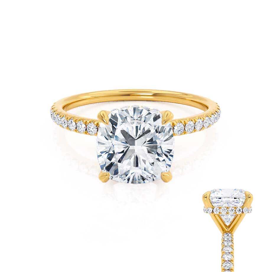 JASMINE - Cushion Natural Diamond 18k Yellow Gold Petite Hidden Halo Pavé Shoulder Set