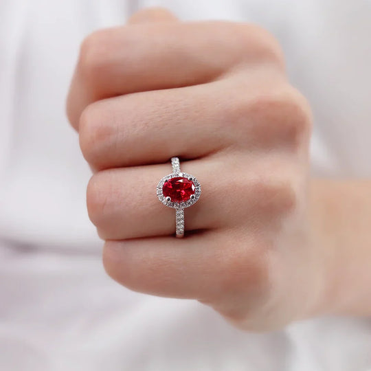 PEONY – Oval Lab-Grown Ruby & Diamond Halo Ring in 950 Platinum