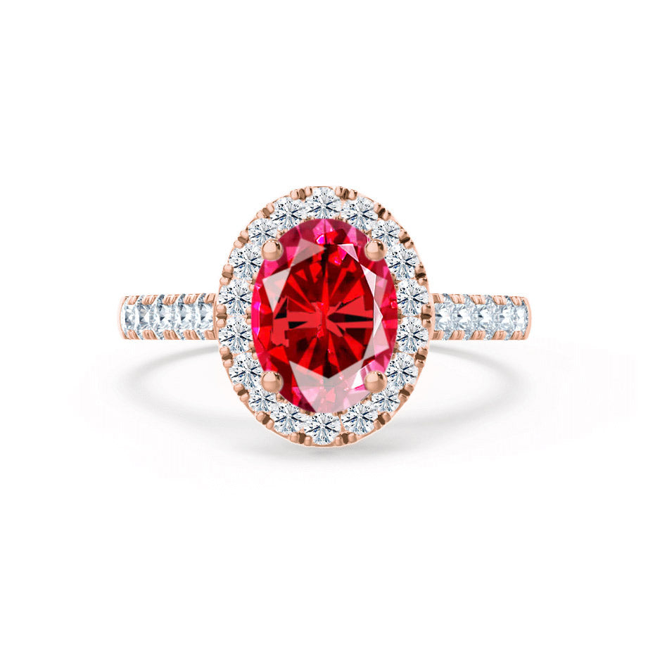 PEONY – Oval Lab-Grown Ruby & Diamond Halo Ring in  18K Rose Gold