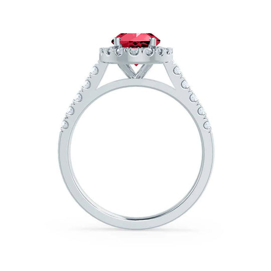 PEONY – Oval Lab-Grown Ruby & Diamond Halo Ring in 18K White Gold