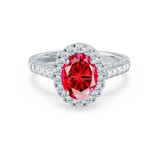 PEONY – Oval Lab-Grown Ruby & Diamond Halo Ring in 18K White Gold