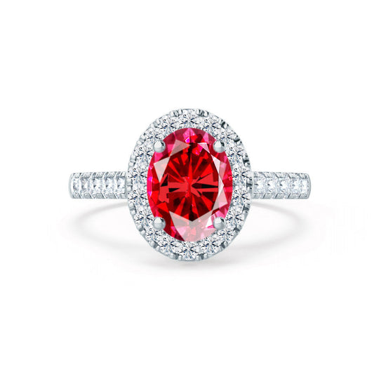 PEONY – Oval Lab-Grown Ruby & Diamond Halo Ring in 18K White Gold
