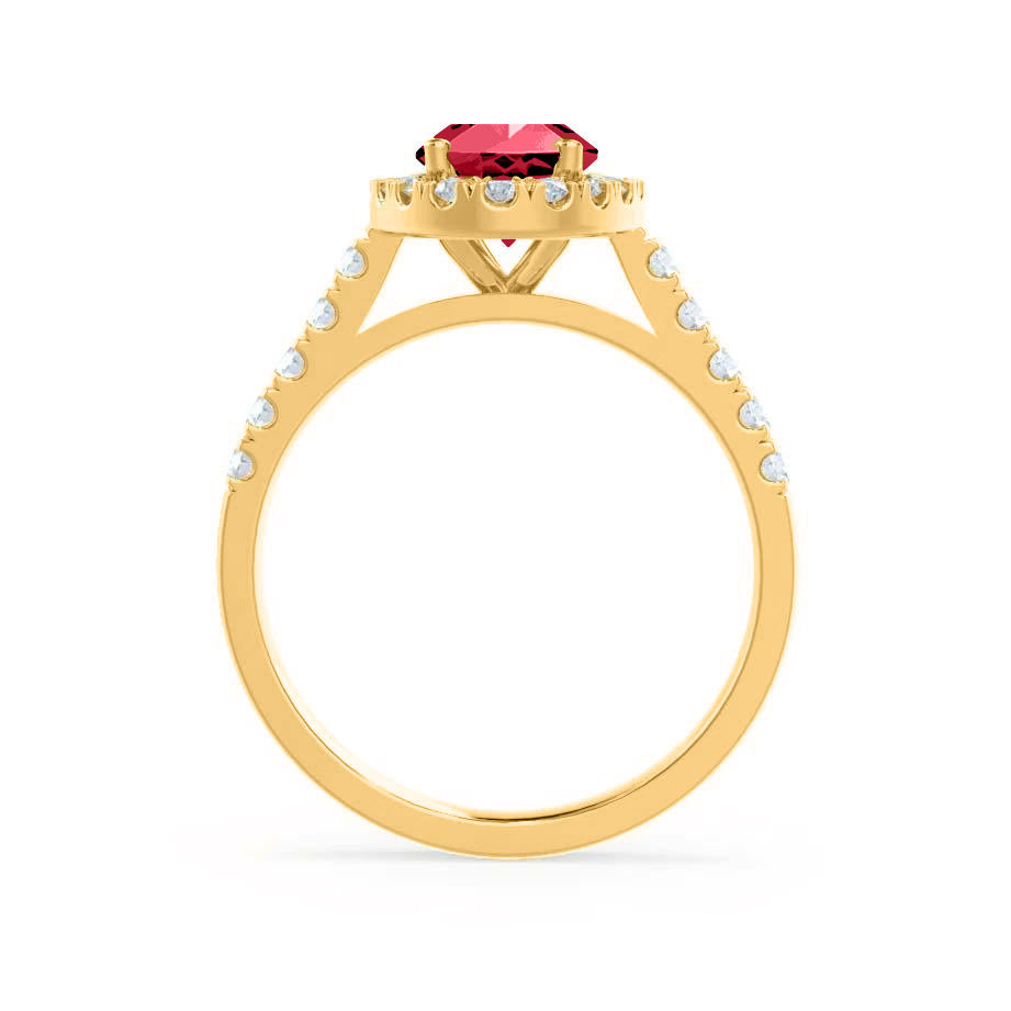 PEONY – Oval Lab-Grown Ruby & Diamond Halo Ring in 18K Yellow Gold