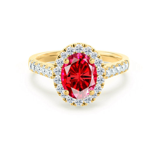 PEONY – Oval Lab-Grown Ruby & Diamond Halo Ring in 18K Yellow Gold