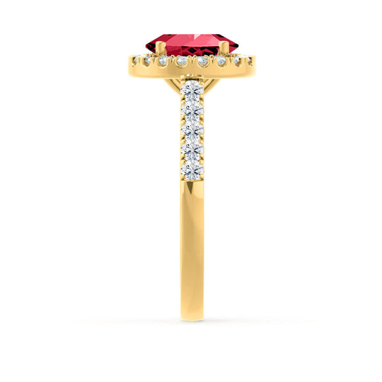 PEONY – Oval Lab-Grown Ruby & Diamond Halo Ring in 18K Yellow Gold