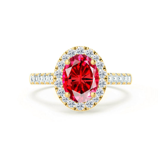 PEONY – Oval Lab-Grown Ruby & Diamond Halo Ring in 18K Yellow Gold