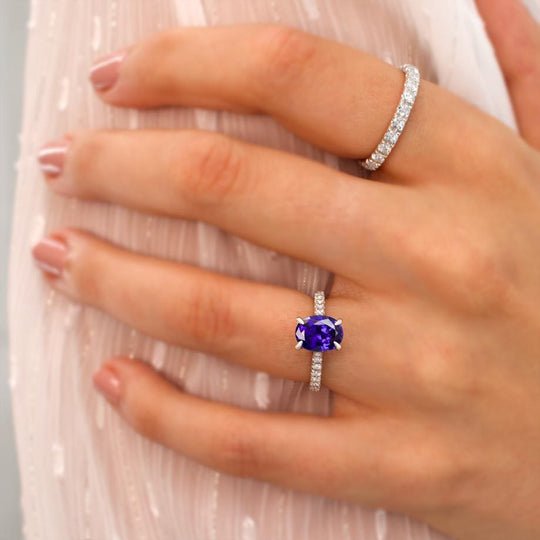 POPPY – Oval Lab-Grown Pink Sapphire & Diamond Shoulder Set Ring in 950 Platinum