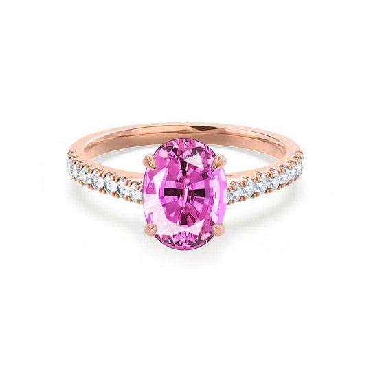 POPPY – Oval Lab-Grown Pink Sapphire & Diamond Shoulder Set Ring in 18k Rose Gold