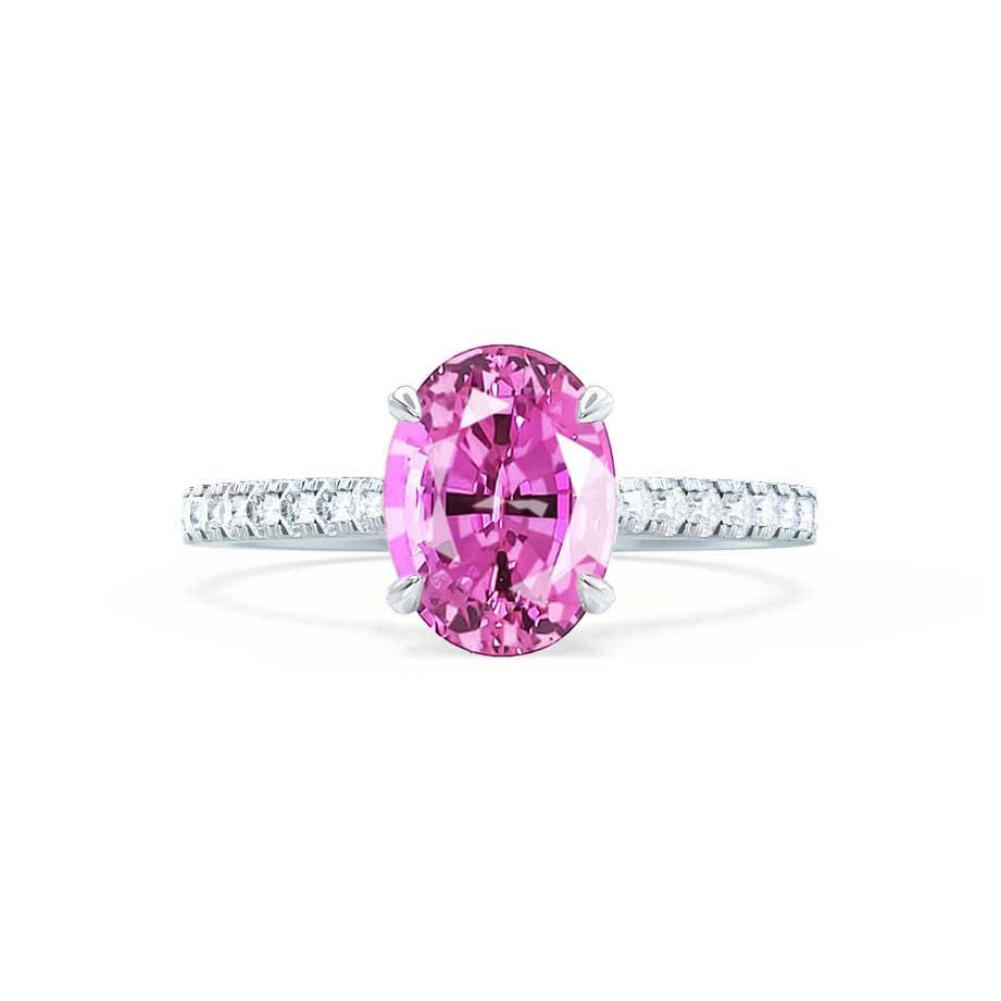 POPPY – Oval Lab-Grown Pink Sapphire & Diamond Shoulder Set Ring in 18k White Gold