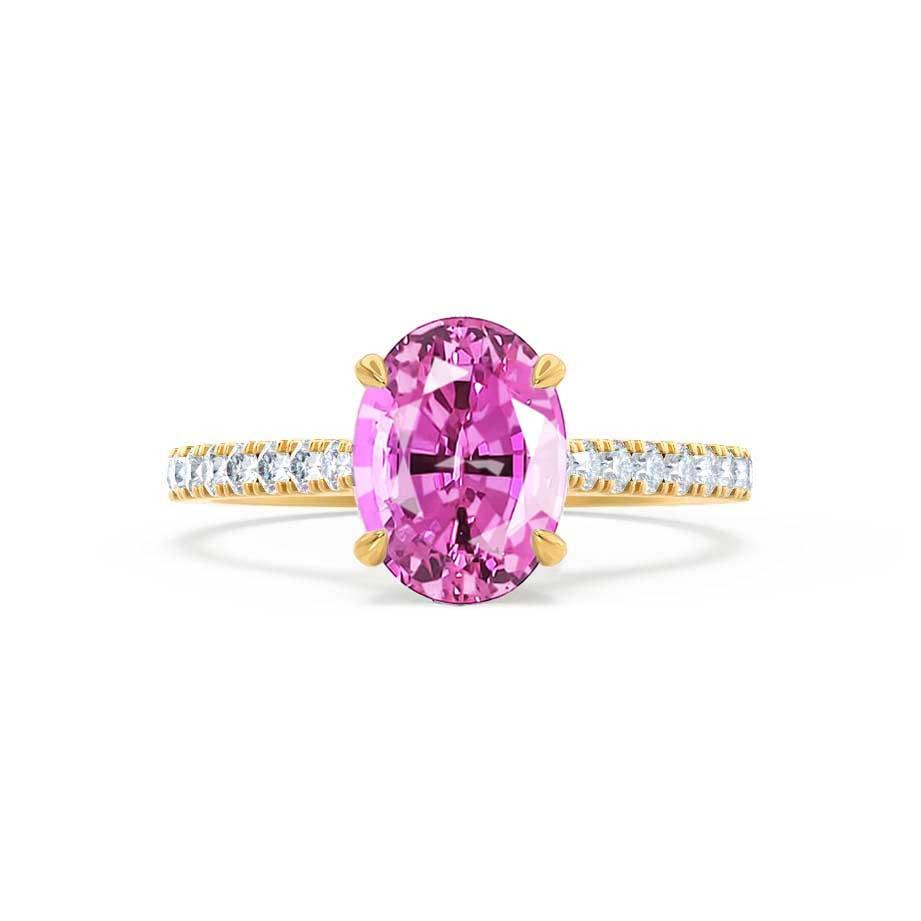 POPPY – Oval Lab-Grown Pink Sapphire & Diamond Shoulder Set Ring in 18k Yellow Gold