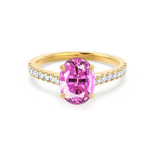 POPPY – Oval Lab-Grown Pink Sapphire & Diamond Shoulder Set Ring in 18k Yellow Gold
