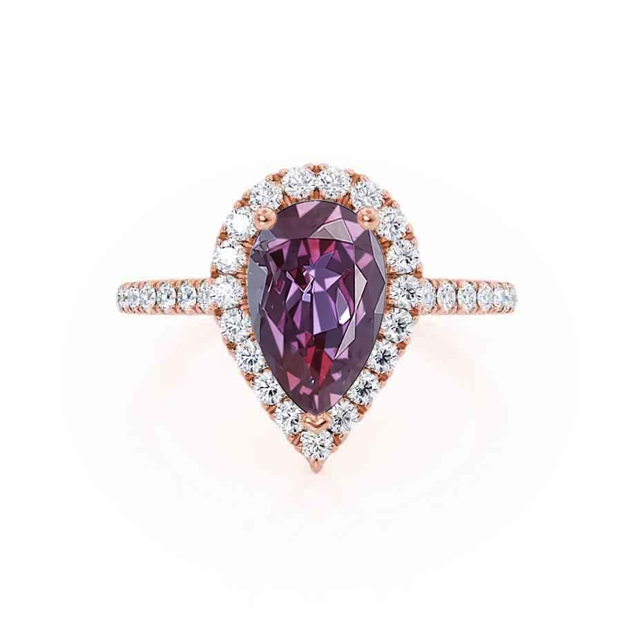PRIMROSE – Pear-Cut Lab-Grown Alexandrite & Diamond Halo Ring in 18k Rose Gold