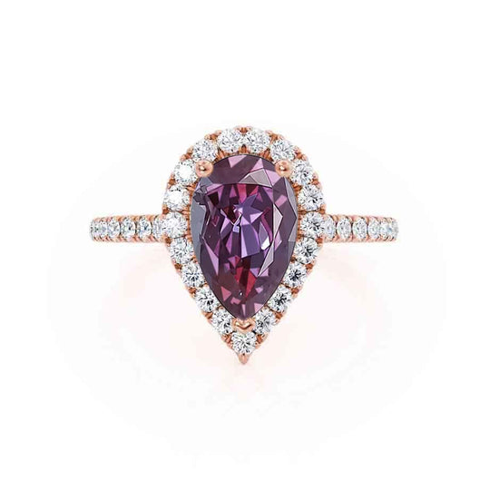 PRIMROSE – Pear-Cut Lab-Grown Alexandrite & Diamond Halo Ring in 18k Rose Gold